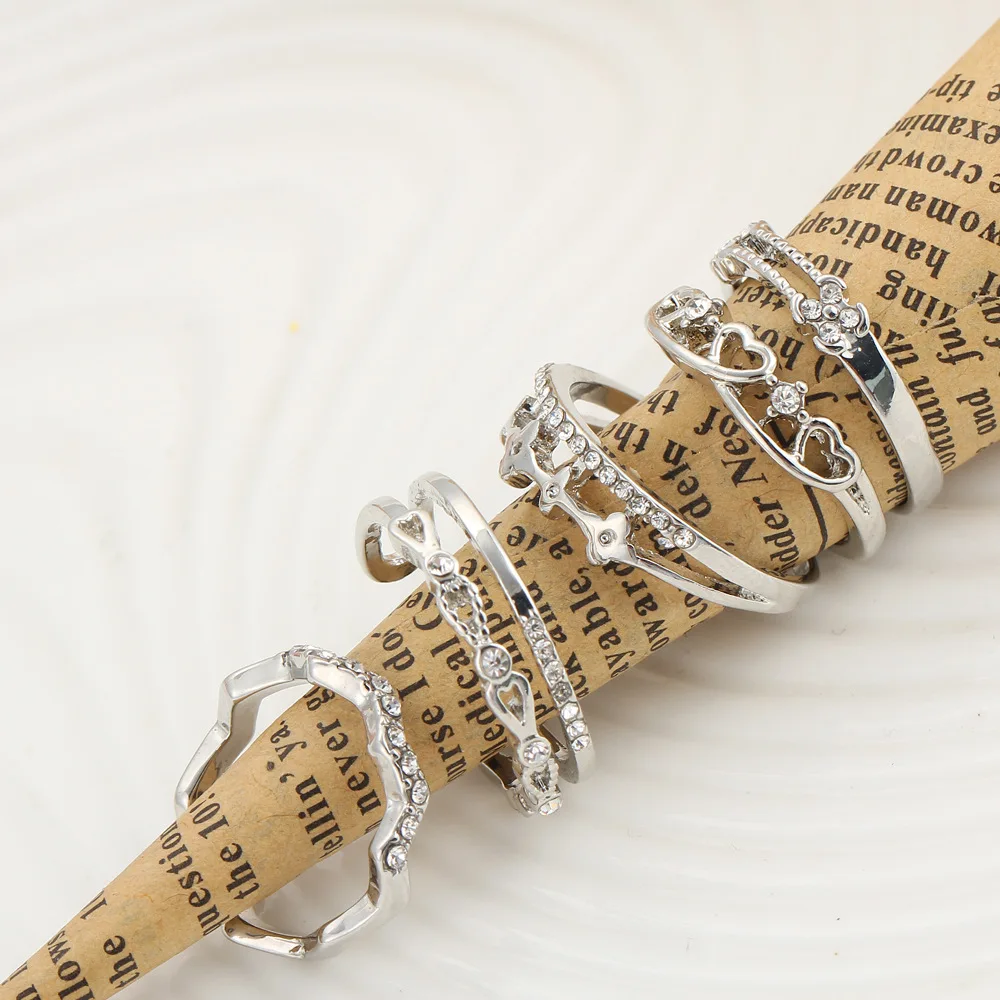 5 шт./компл. комплект позолоченных серебряных колец в форме сердца с кристаллами