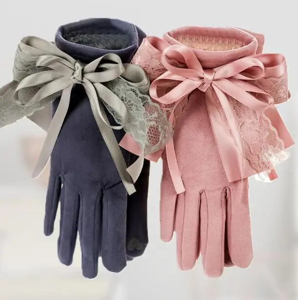 Autumn winter women's faux suede leather touch screen driving gloves girls sexy lace bow gloves thicken warm fleece ling R207