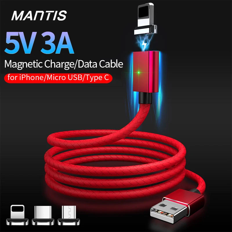 Магнитный кабель MANTIS для Apple iPhone 3A, магнитный кабель usb type C для зарядки Micro USB телефона, зарядное устройство для передачи данных, шнур для быстрой передачи данных на базе Android