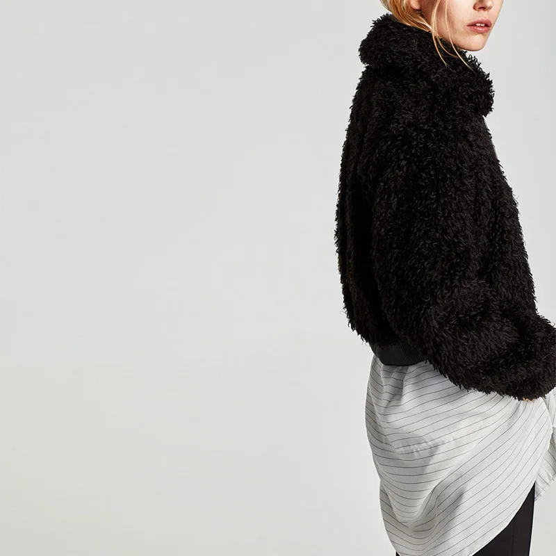 Черный поддельные Меховая куртка Для женщин с длинным рукавом Короткая Женская