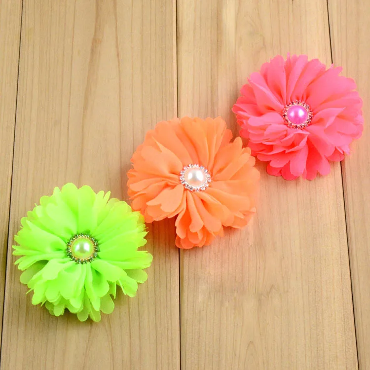 20 шт./лот 2 56 дюйма детские летние неоновые цветы из шифона с жемчугом Женские