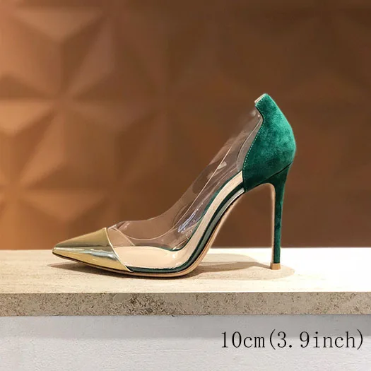 gold green 10cm Сверхтонкие прозрачные туфли-лодочки из пвх; Очень прозрачные вечерние туфли на высоком каблуке 8 см с острым носком; женские вечерние туфли золотистого цвета; большие размеры - Цвет: gold green 10cm