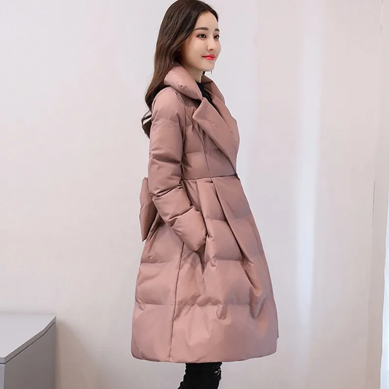 Pink UHYTGF зимняя куртка, женская парка, пуховик, утепленная верхняя одежда, узкая юбка с бантом, стильная хлопковая зимняя куртка с отворотом, s Ladies1001 - Цвет: Pink