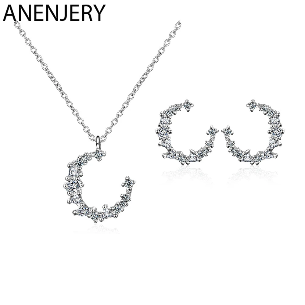 ANENJERY 925 пробы серебряные Ювелирные наборы сладкий флэш Циркон Нерегулярные луна ожерелье+ серьги для женщин подарок