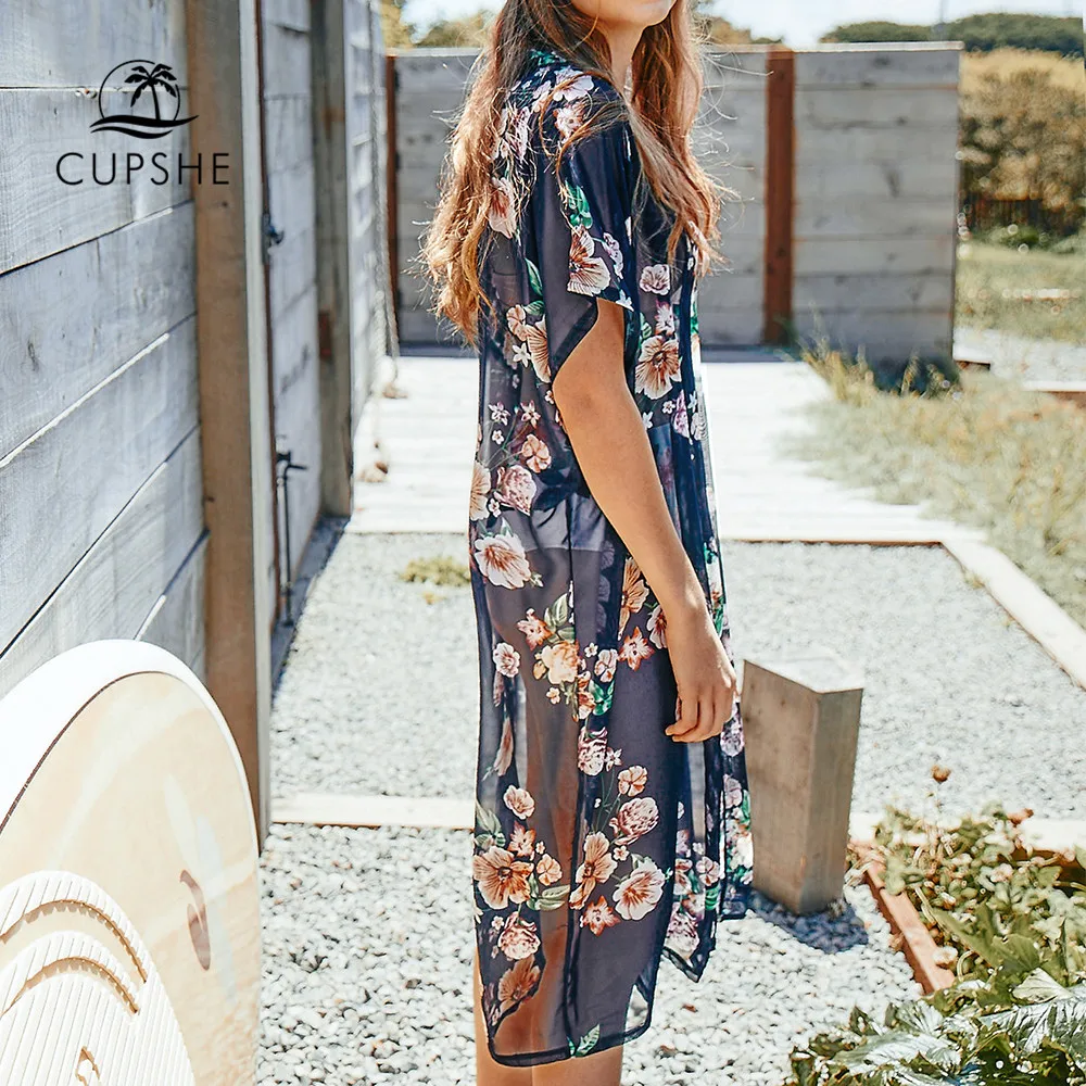 CUPSHE темно синий цветочный принт короткий рукав прикрытие Сексуальная Пляжная