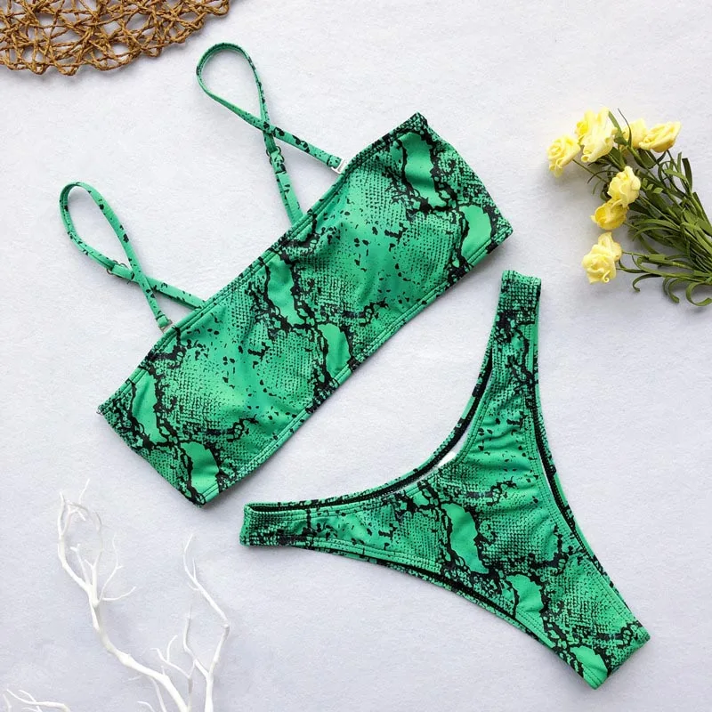 Бикини без бретелек 2019 змеиный принт три цвета купальник Женские сексуальные