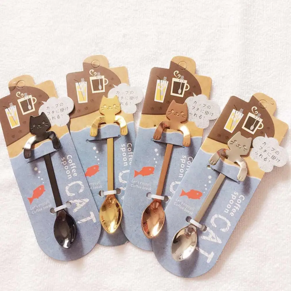 1lot 4pcs multicolor 4 шт./лот Кот комплект кофейных ложек из нержавеющей стали dessertspoon мини мороженое Конфета маленькая кухонная чайная ложка аксессуары посуда - Цвет: 1lot 4pcs multicolor