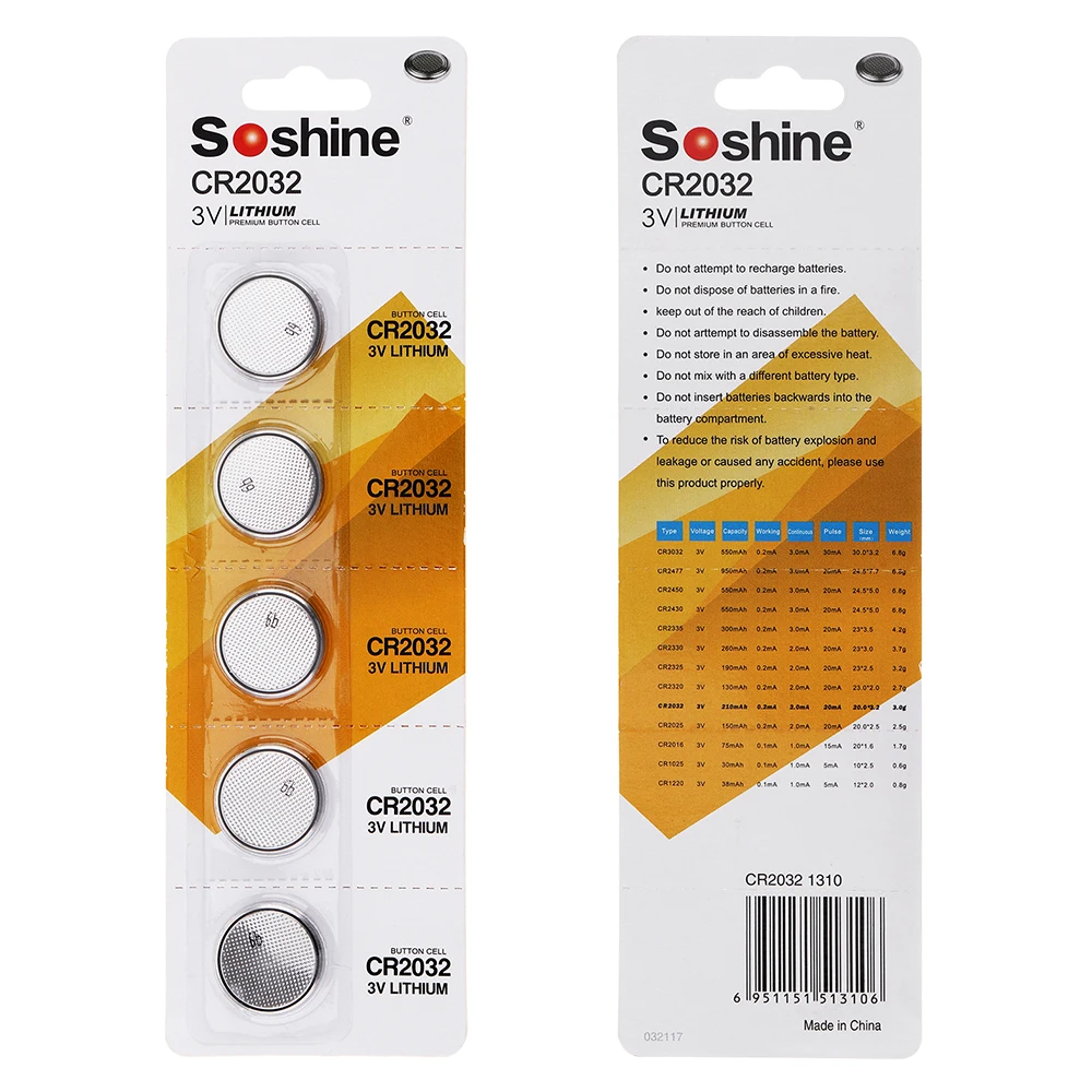 5 шт./лот Soshine 210 мАч CR 2032 CR2032 3 В литиевая батарея Кнопочная монетная для часов