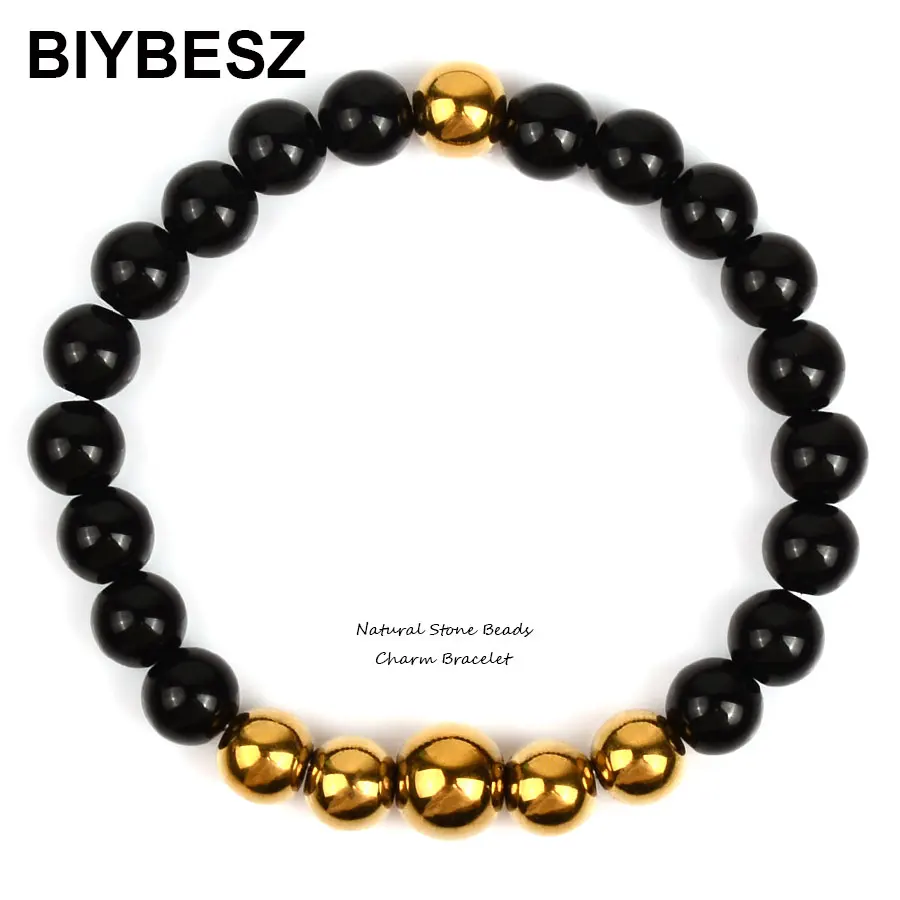 Мода 8 мм Черный Природный камень бусины браслет подвески золотые гематитейбусы