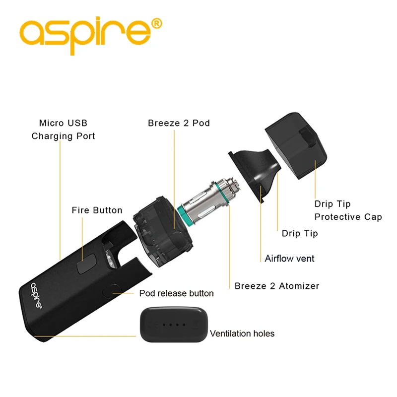 Aspire Breeze Оригинал 2 AIO Комплект Встроенный 1000 mAh Батарея с мл/3 2-мл танк-атомайзер