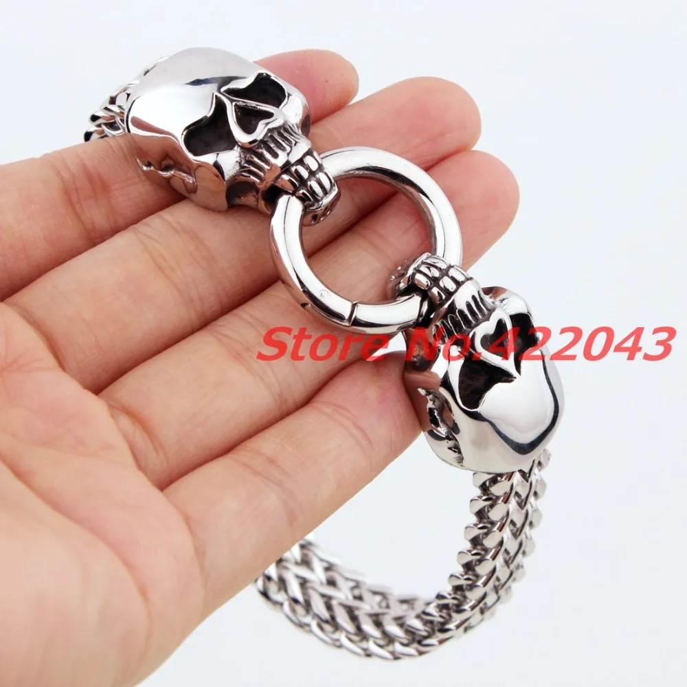 

9"*12mm Rock Mens Skull Heads Stainless Steel Bracelet Jewelry Skeleton Figaro Square Silver Color Chain Pulseiras Masculinas