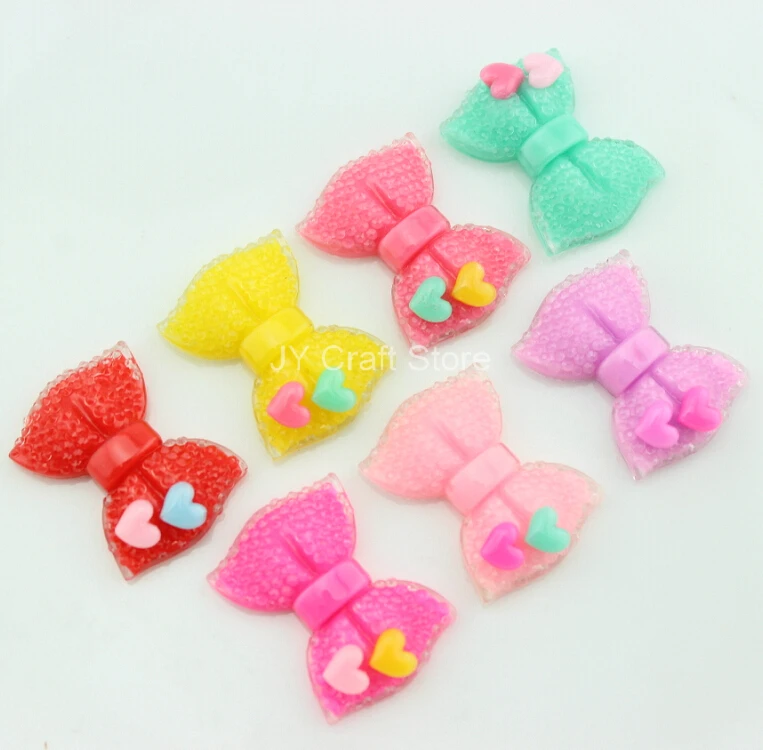

50pcs/lot Big Shining Glitter Resin Multicolor Bow with heart deco Flatback 32mm Cabochons for Children Jewelry Findings-SZ0215