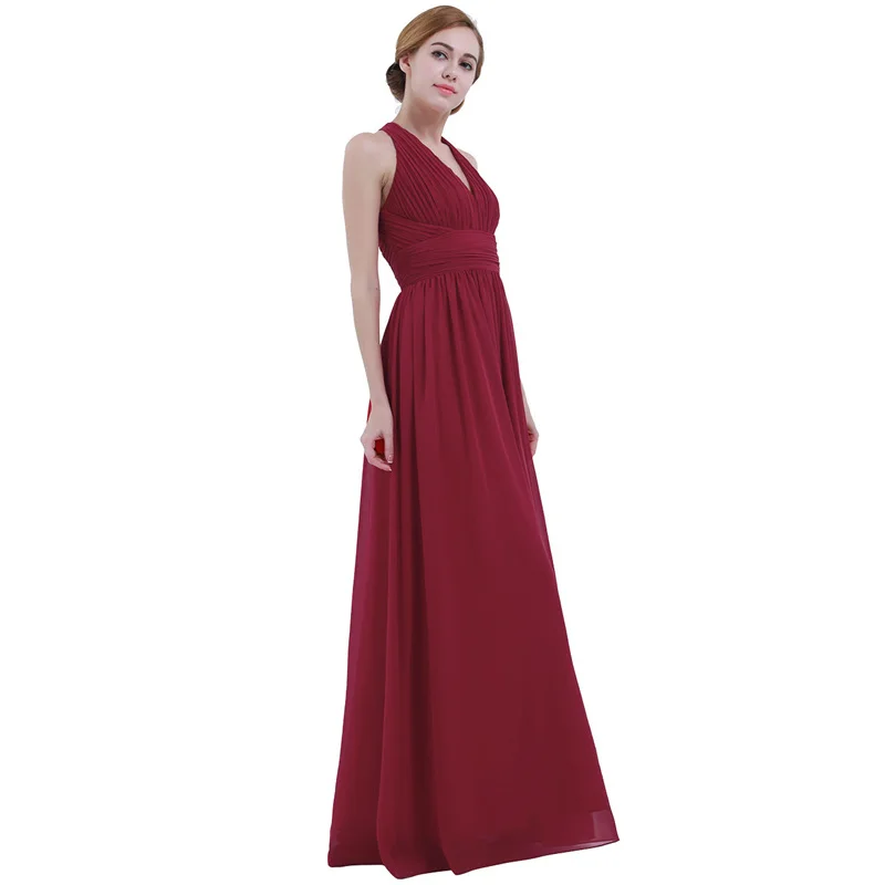 Красное длинное платье подружки невесты длиной до пола с v образным вырезом без