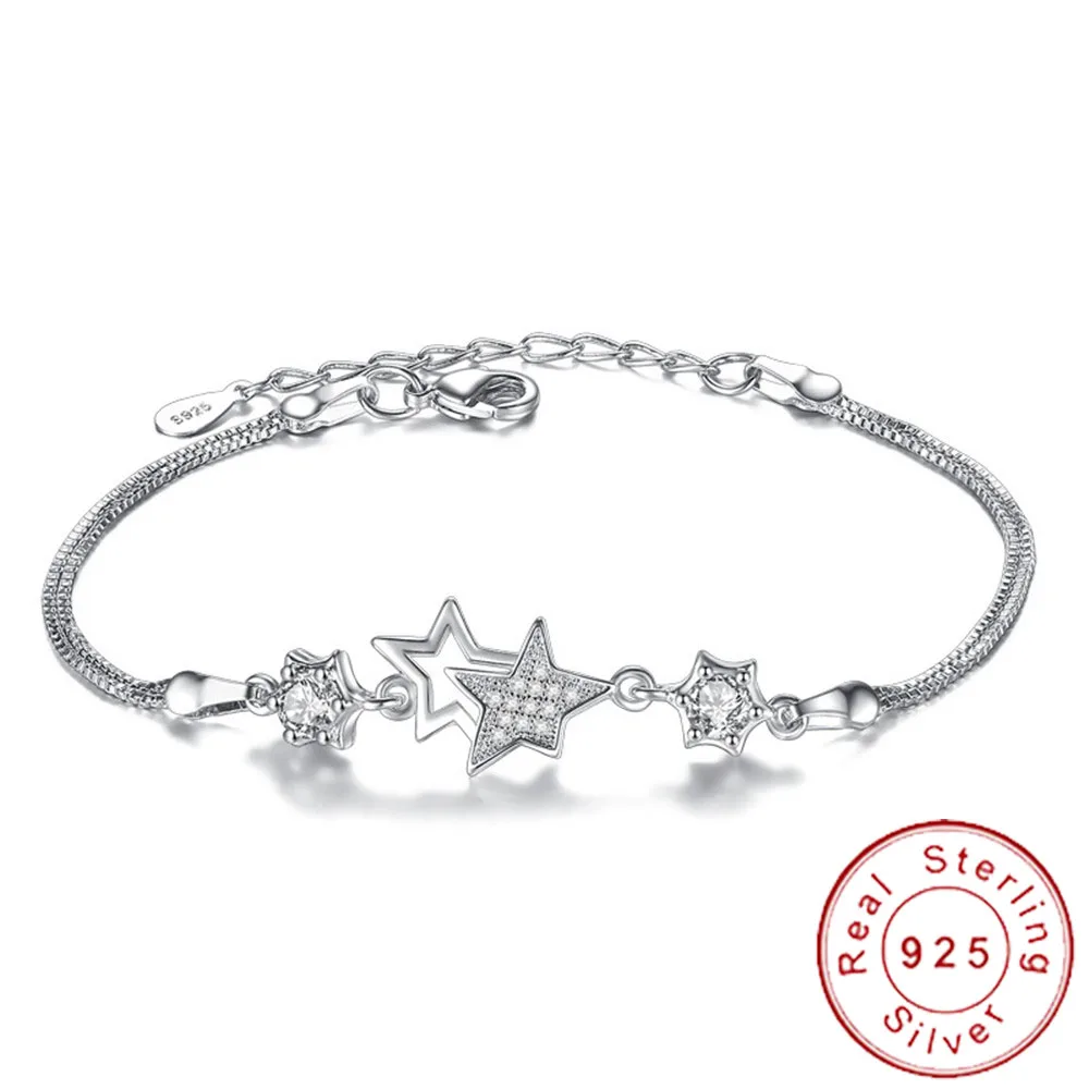 2019 Trendy Simple Eastern Star Bracelet Genuine Sterling Silver 925 Box Chain Braslet Woman Multi Layer Cuff Wristband SB009 | Украшения и