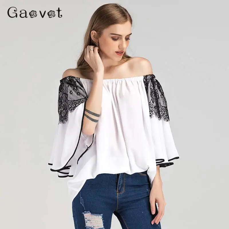 Сексуальные Slash шеи женские шифоновые рубашки с открытыми плечами 2019 летняя