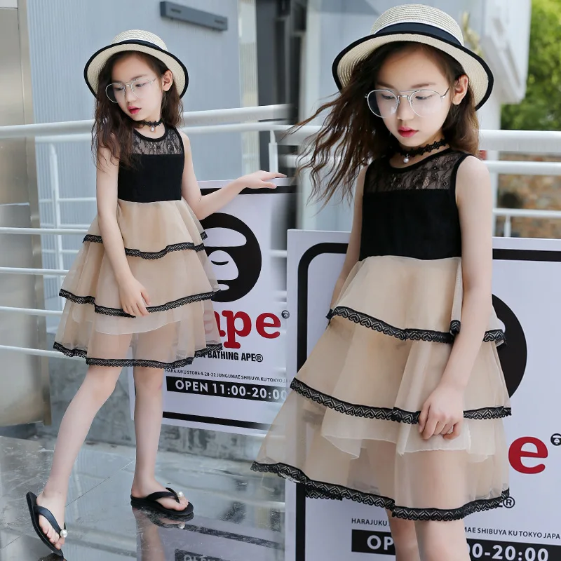 summer lace chiffon dress for 3 - 12 yrs baby girls kids children black white Layered cupcake dresses little beach clothes | Детская