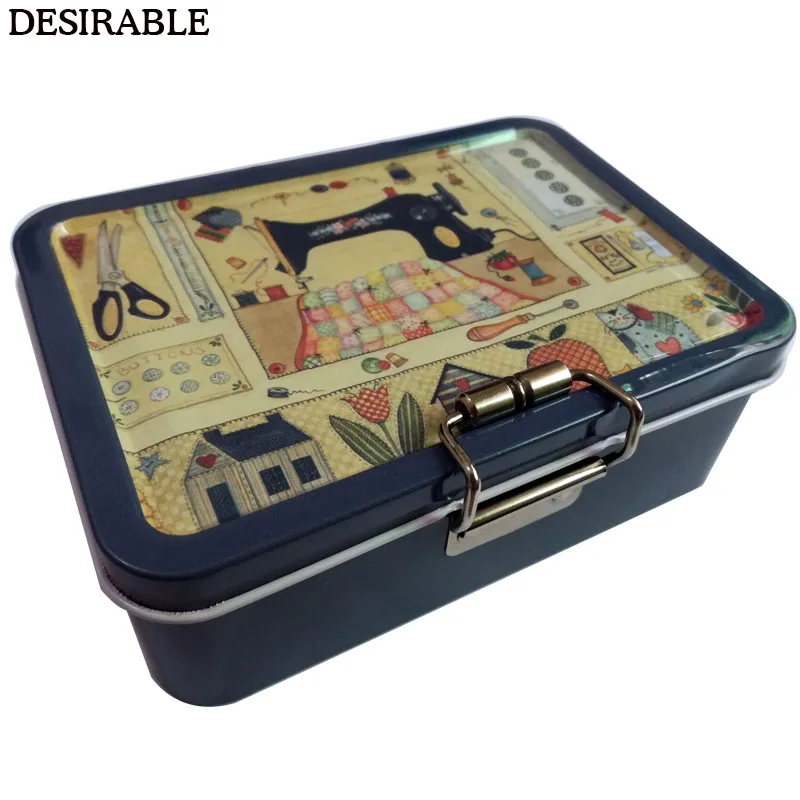DESIRABLE Portable exquisite metal double-layer sewing card and other small items storage box six colors optional