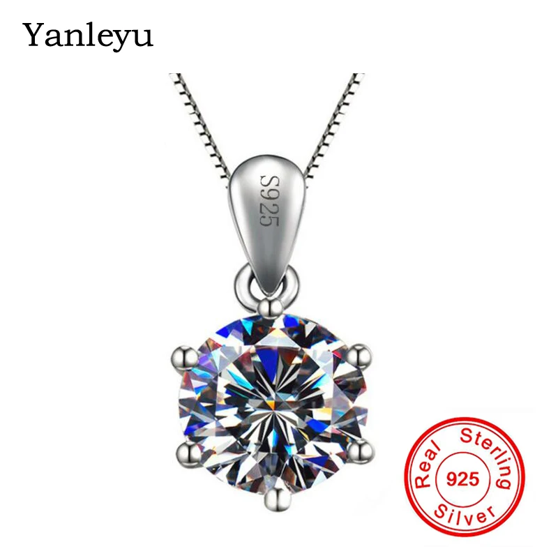 

Yanleyu шесть когтей 1.5ct круглый кулон ожерелье для женщин Настоящее 925 Стерлинговое Серебро Свадебные ювелирные изделия ожерелья подвески PN004