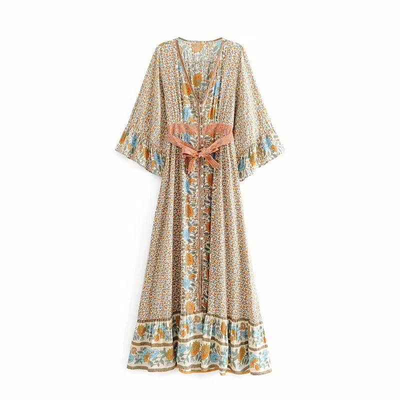 TEELYNN Gypsy Макси женские платья цвета хаки из вискозы с цветочным принтом летние платья сексуальное с v-образным вырезом с регулируемым поясом бохо платье vestidos