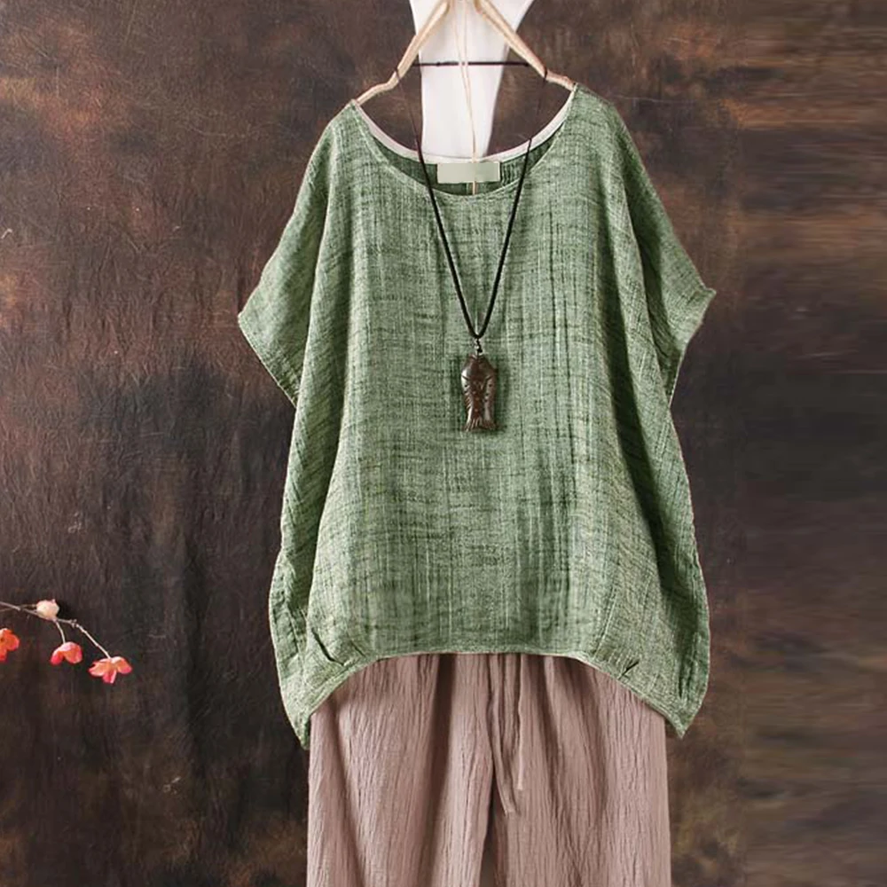 Льняная блузка большого размера Женская винтажная с коротким рукавом и круглым