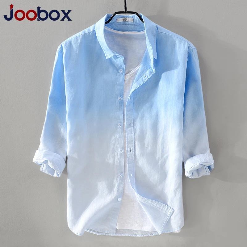 JOOBOX Мужская льняная рубашка брендовая с рукавом три четверти мужская синяя