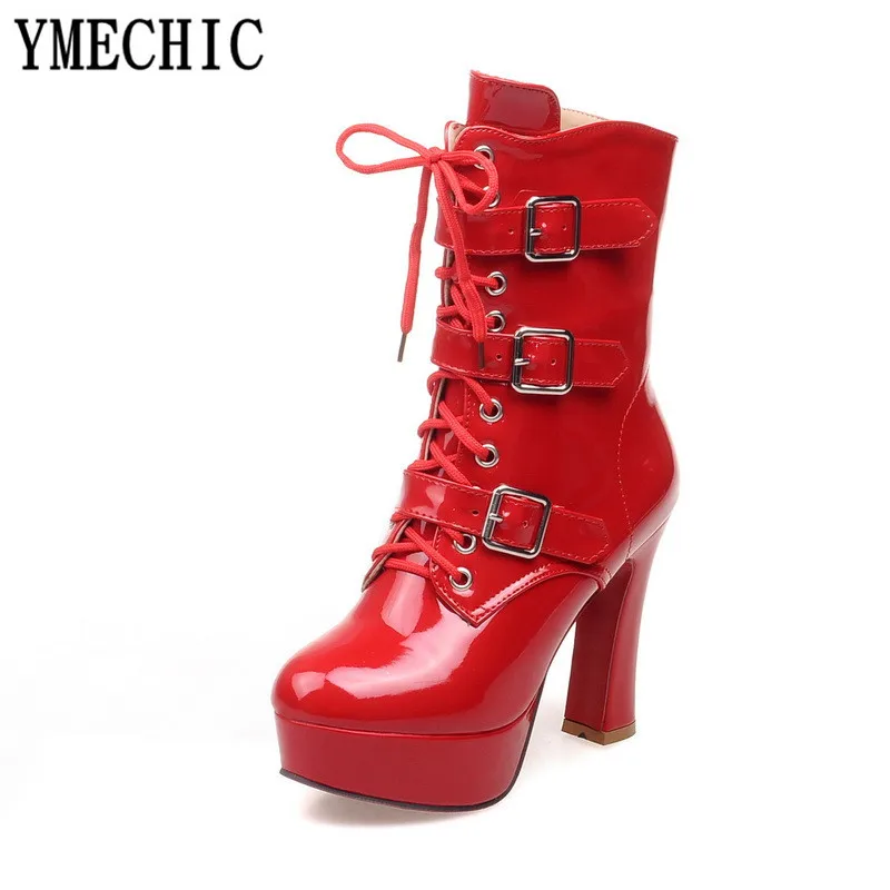 Красный YMECHIC Pu Patent Leather Buckle Strap Lace Up High Heel Motorcycle Boots Women Winter Platform Ladies Goth Shoes Plus Size - Цвет: Красный