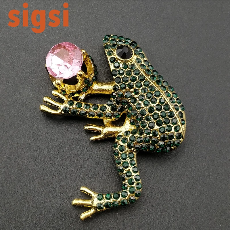 50 шт./лот Бесплатная доставка Винтажный стиль зеленый кристалл с розовой акриловой лягушкой брошь булавки
