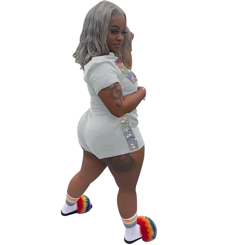 Rainbow Rhinestone Two Piece Summer Clothes for Women Short Sleeve T Shirt+ Bodycon Biker Shorts Plus Size Causal Matching Sets