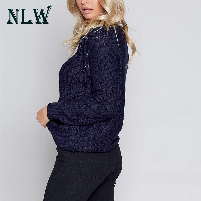 NLW Fashion Lace Up Women White Sweater Autumn Winter Warm Pullovers Knitted Sweaters 2017 O-Neck Casual Lady Long Sleeve Jumper | Женская