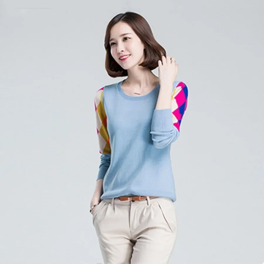 Корейские модные принты Nouvelles Femmes sort couleur O-col En Cachemire doux mode Laine tricot Pull Courte section chandail |