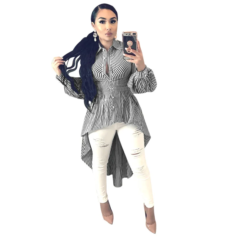 Женские сексуальные модные полосатые Асимметричные Блузы с высоким низом и