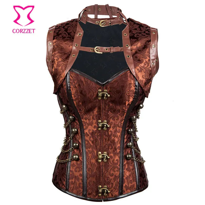 

Brown Steampunk Corset Jacket Set Burlesque Costume Steel Boned Corsets and Bustiers Gothique Corpetes E Espartilhos Para Festa