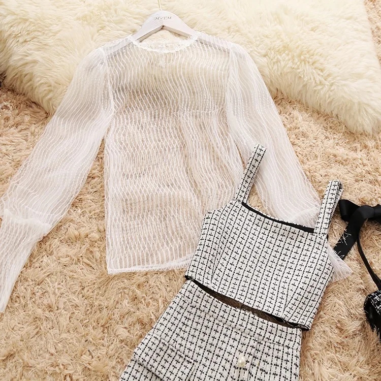 New round neck lantern sleeves knit lace shirt wool vest woolen Fashion Clothes Plaid Ladies bag hip skirt three-piece suit | Женская