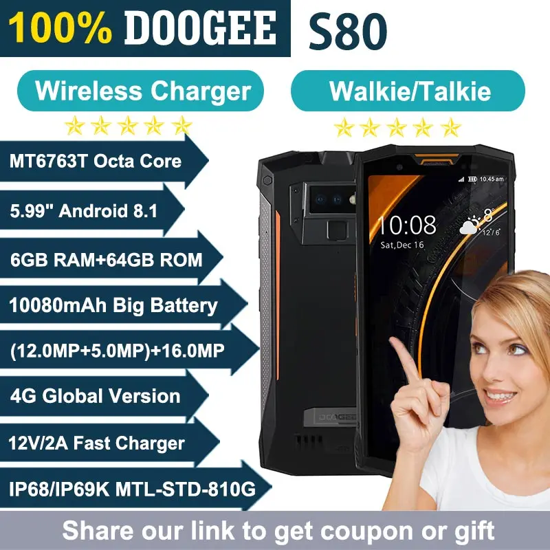 Doogee S80 IP68/IP69K водонепроницаемый смартфон 5 99 &quotFHD + MT6763T Восьмиядерный рация 10080 мАч