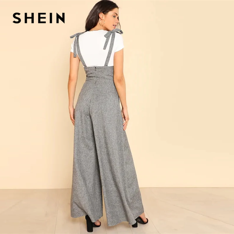 SHEIN Kiddie серый повседневный комбинезон на молнии с бантом на спине для девочек весенний комбинезон без рукавов с высокой талией и расклешенными штанинами