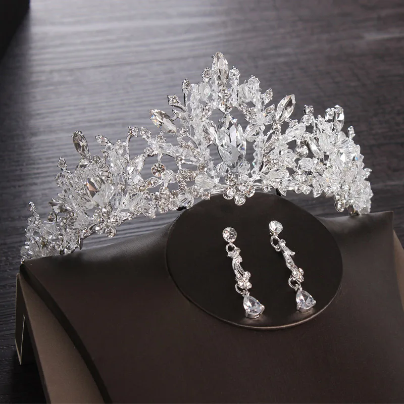 Tiara Pin Earrings Свадебная тиара принцесса Хрустальная корона Корея модные аксессуары для волос ювелирные изделия невесты серебряное Золотое розовое диадемы и короны девушки - Окраска металла: Tiara Pin Earrings
