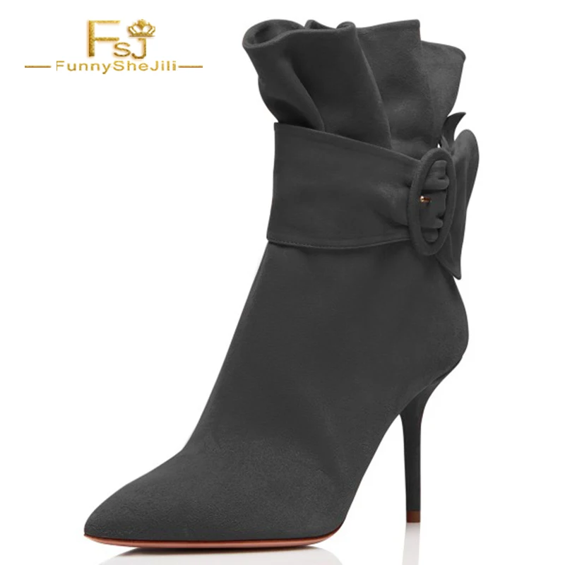 

FSJ Retro Black Suede Pleated Strap Buckle Women Ankle Boots Concise Stiletto Pointy Toe Side Zip Female Work Date Booties 2021