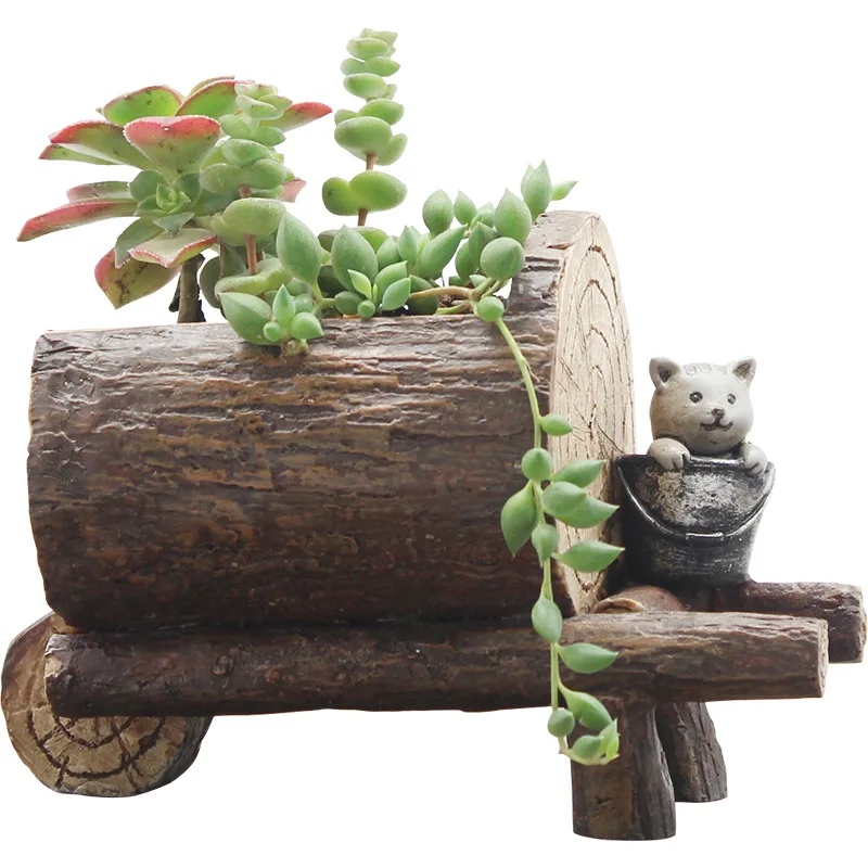 Cute Wood Craft Style Resin Succulent Cactus Flower Plant Pot Planter for Home Office Desktop Decoration | Дом и сад