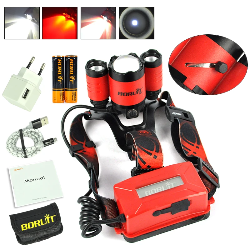 Boruit B22 18650 перезаряжаемый светодиодный налобный фонарь красный светильник Cree XM-L2 светодиодный Zoomble водонепроницаемый фонарь вспышка светильник головной светильник зарядка через usb