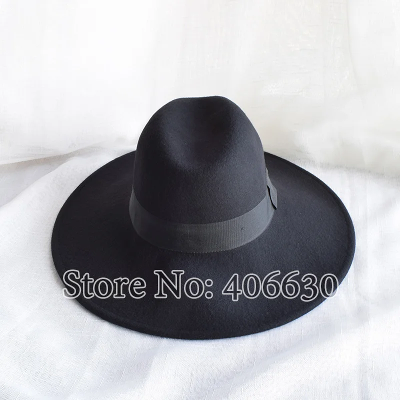 Winter Black Large Brim Wool Felt Fedora Hat For Women Chapeu Sun Beach Panama Hat Free Shipping PWFR001