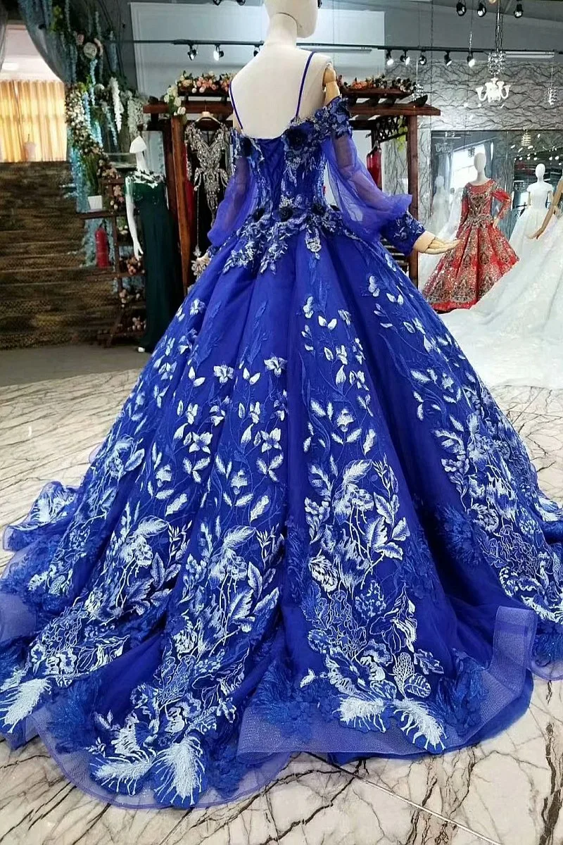 AOLANES 2018 New Blue Lace Appliques Court Train Evening Dresses Ball Gown Long SLeeves Floor-length Illusion Party Prom Dress | Свадьбы и