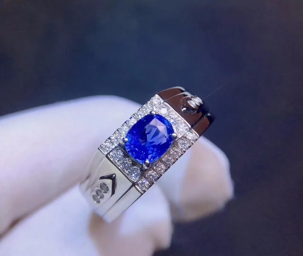 Ювелирные изделия из чистого 18 K Белый Золотой настоящие натуральные васильковые синие сапфировые 1ct драгоценные камни Бриллианты мужские кольца для мужчин тонкое кольцо