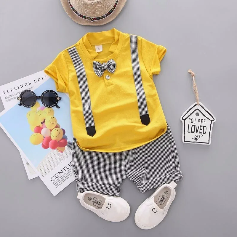 BBYZ beidai Yellow Новое летнее платье для новорожденных, для маленьких мальчиков Одежда для девочек Детская Хлопковая футболка с короткими рукавами для детей в возрасте 2 шт./компл. из мультфильма «Город героев»; модные детские спортивная одежда спортивный костюм - Цвет: BBYZ beidai Yellow