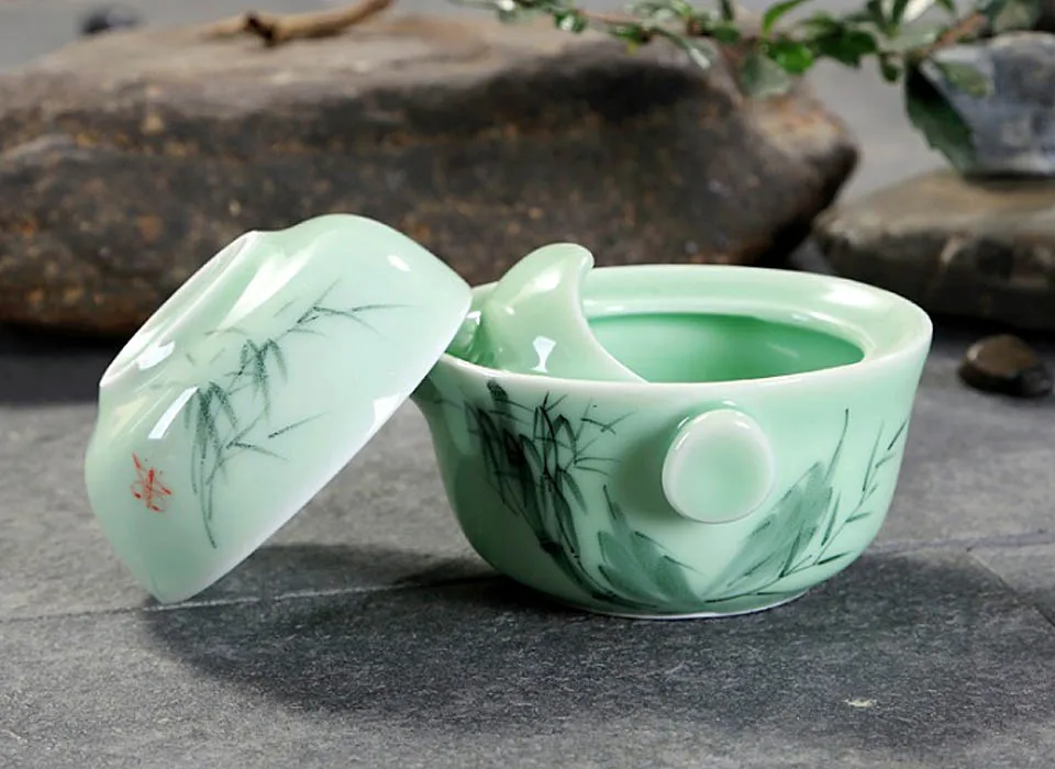 BORREY Celadon Gaiwan дорожный чайный сервиз, китайский фарфоровый чайный горшок, Набор чашек, керамический гайвань, чайный горшок, портативный чайный набор кунг-фу, Чайник Пуэр