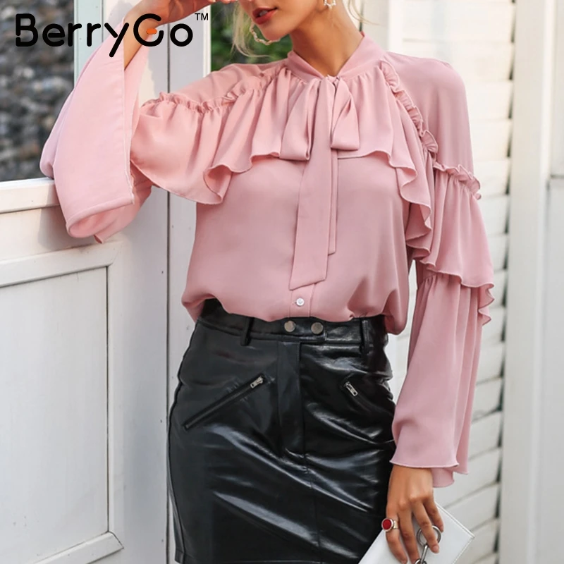 BerryGo Женская длинная многослойная блузка с расклешенными рукавами рубашка
