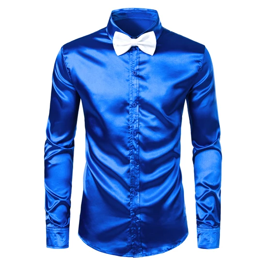 4 Men's Royal Blue Silk Satin Dress Shirts with White Bowtie New Slim Fit Long Sleeve Men Tuxedo Shirt for Party Wedding 3XL - Цвет: 4