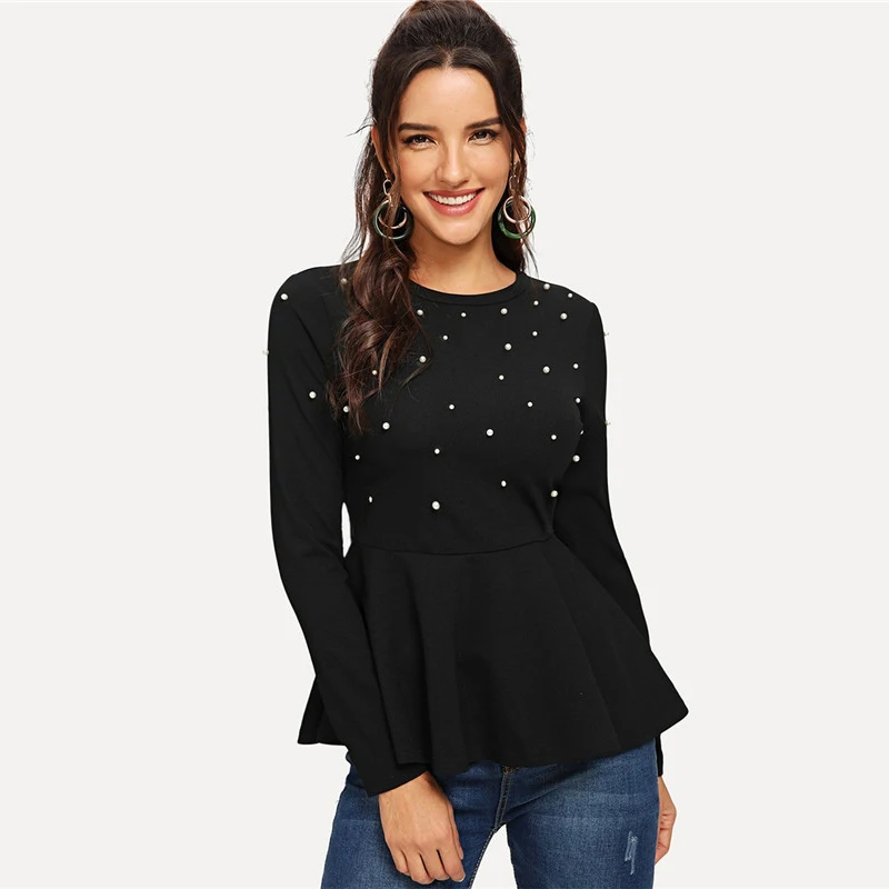 SHEIN Однотонная Блузка С Баской И Бусинами Нарядный Топ С Коротким Рукавом Офисный Топ С Отделкой