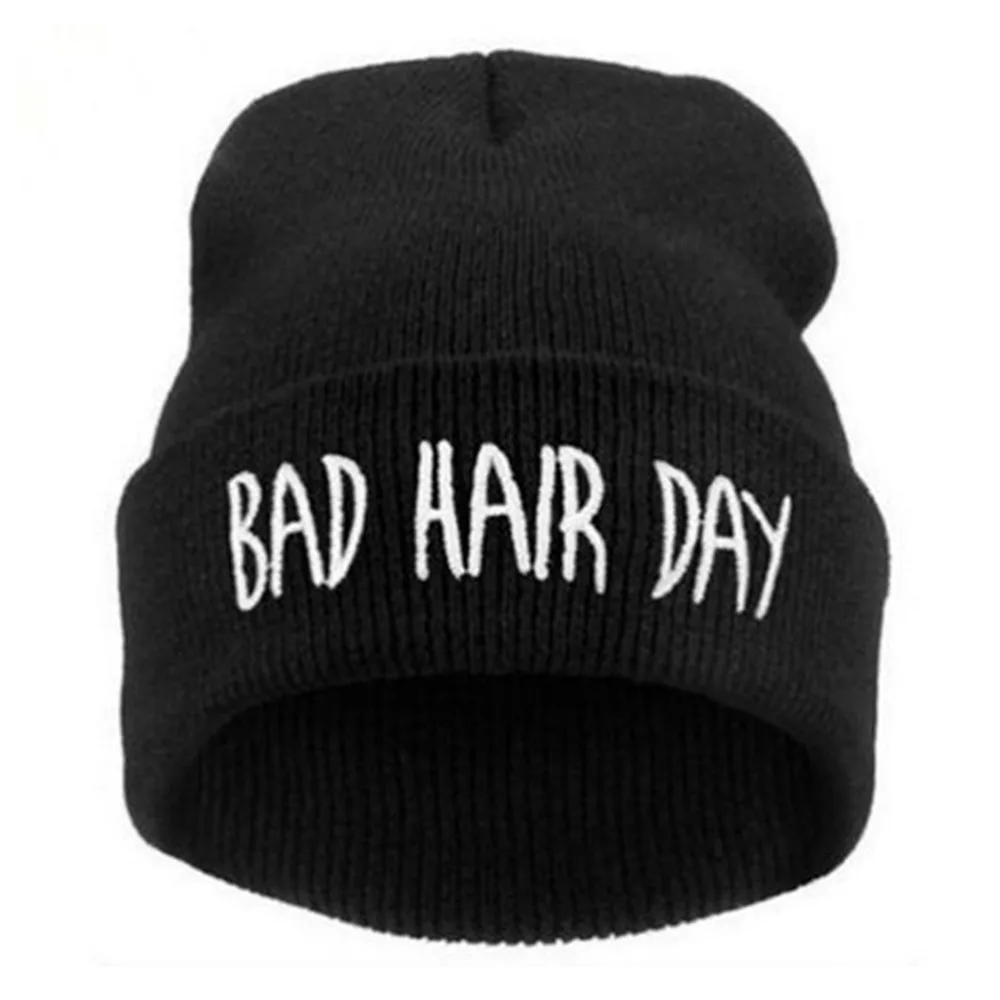 Зимние шапки унисекс для мужчин и женщин Шапка-бини с надписью Bad Hair Day вязаная