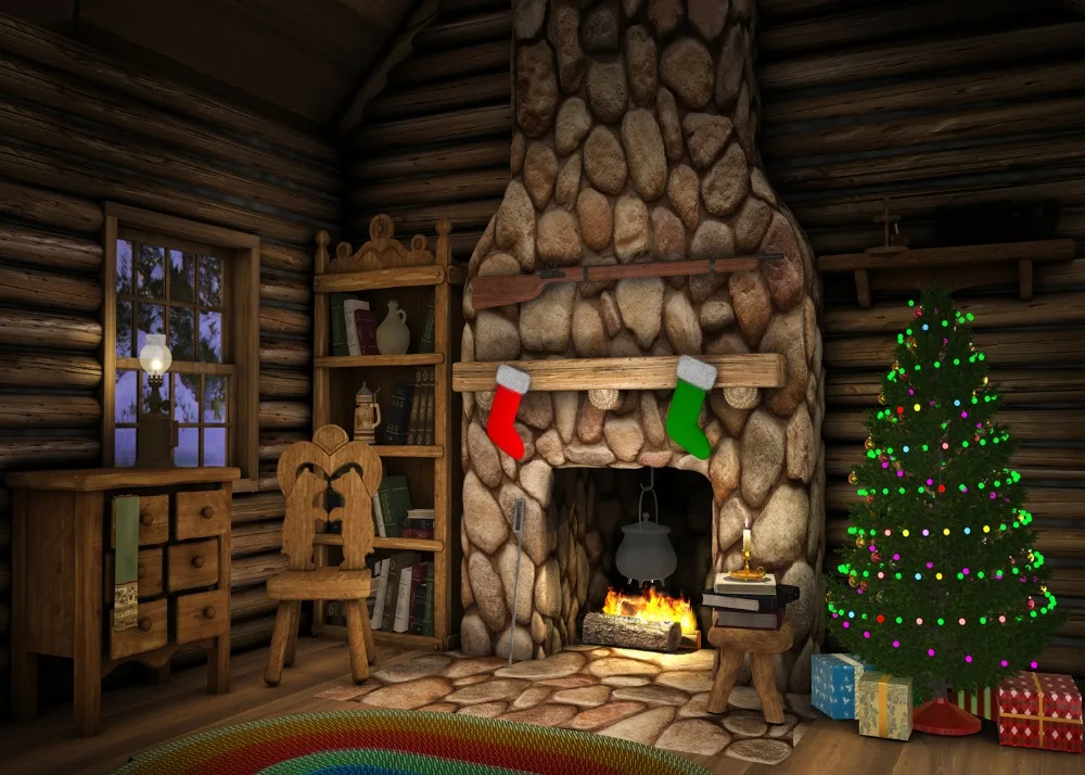 Dephoto Photography Backgrounds Christmas Tree stone Fireplace Carpet Hunter hut Photo Backdrops For Studio | Электроника