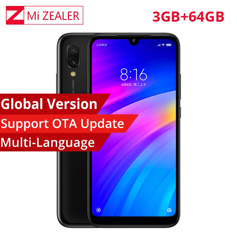 В наличии глобальная версия Xiaomi Redmi 7 Мобильный телефон 6 26 дюймов 3 ГБ + 64 Гб Snapdragon